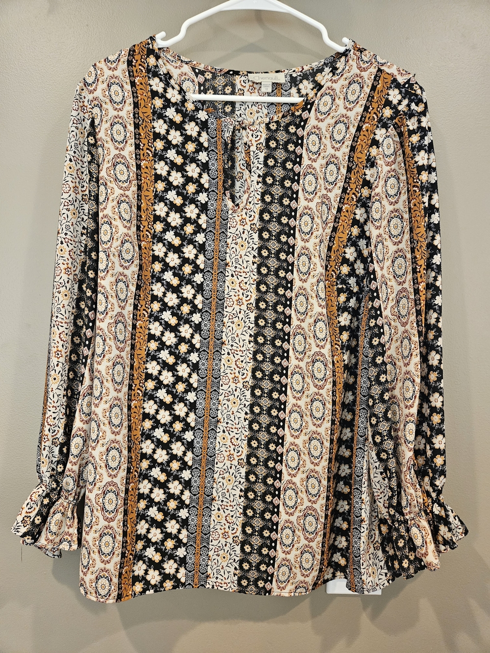 Boho Patchwork Print Long Sleeve Blouse - Black & Mustard